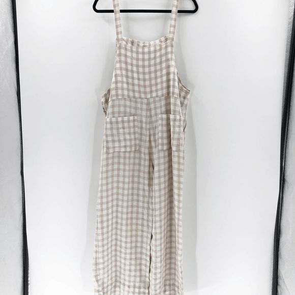 Lou & Grey Women's Cream Beige Gingham 100% Linen Overalls Size M - Picture 7 of 9